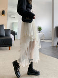 Elegant Mesh Patchwork Women Tulle Skirt Fashion Korean A Line Cake Skirt Female Sweet Preppy Style Irregular Midi