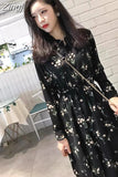 Sleeve Dress Women Floral-printed Chiffon Elegant Black Korean Style Leisure Slender Chic Student Streetwear Womens