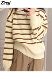 Winter Women's Sweater 2023 Trend Warm Knitted Striped Sweater V Neck Jumper with Collar Oversize Polo Sweater for