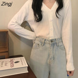 Colors Cropped Cardigan Women Knitwear Pure V-neck Spring Long Sleeve Elegant Casual Кардиган Женский Females Korean