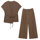 Women's 2025 Summer New Fashion Retro Waist Design Cardigan Top Broad Leg Trousers