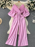 Women V-Neck Wide Leg Ruffle Jumpsuits Female Sexy Puff Short Sleeve High Waist Slim Vacation Beach Romper