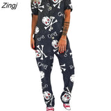 Women Streetwear Loose Jumpsuit Fashion Button-down Skull Print V-neck Short Sleeve Overalls for Female