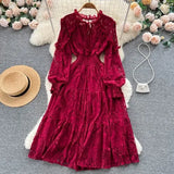 Autumn Women Lace Midi Dress Vintage Round Neck Lantern Long Sleeve High Waist A-Line Elegant Party Robe New Fashion
