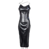 Zingj 2024 Hot Style Sexy Sling Waist Show Thin Bag Hip Slit PU Dress Female Nightclub