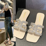 Flat-Bottomed Slippers Women 2025 Summer New Diamond Pearl Decoration Large-Size Women Cold