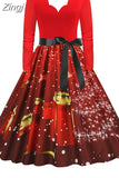 Women Christmas Dress Winter Long Sleeve V Neck Pumpkin Print Halloween Costume Party Dresses Casual Vintage S~3XL