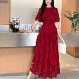 Women's Summer Design Sensing Splicing Round Collar Horn Sleeves To Close The Waist Thin Lace Lotus Side