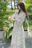 Summer Basic Long Dress Long Sleeve V-Neck Floral Printed Retro Vintage A-Line Women Dresses Chic Korea Fashion