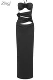 Sleeveless Stereo Flowers Design Long Dress Women Black Halter Hollow Out Floral Long Bodycon Dress Elegant Party Club