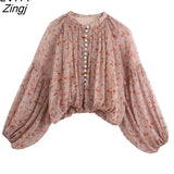 Women o neck cashew nut print casual chiffon smock blouse ladies pleats lantern sleeve shirt femininas blusas tops