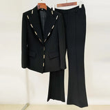 Fashion New Metal Block Decorated A Buckle Suit Trumpet Trouser Suit Two