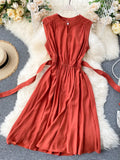 Solid Green/Blue/Yellow Casual Dress Elegant Sleeveless Round Neck Sashes Dresses Vintage 2023 New Fashion Vestido