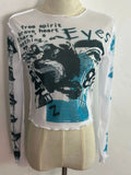 Spring 2024 New Round Collar Collar Long-Sleeved Mesh Printing Umbilical Casual Women's