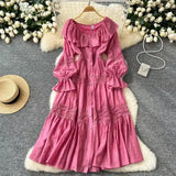 Retro Design Collar Lotus Side Splicing Single Buckle Horn Lace Lace Waist Dress