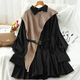 2 Piece Set shirt Dress For Women Streetwear Pleated Midi Dress Irregular Knitted Vest Long sleeve Shirts 2023 Spring