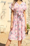Floral Print Midi Dress Women Robe Elegant Chic Short Sleeve V Neck Casual Beach Dress With