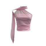 Shooting Mesh Ribbon Hanging Neck Folded Sleeveless Top Babes Two-Wearing Design Wrapping Bras
