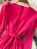 Vintage Rose Red Pleated Party Long Dress Elegant Deep V-Neck High Waist A-Line Draped Maxi Vestiods Female New