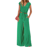 Women's Clothing 2025 New Summer V Tie With Open-Vum Wide Leg Trousers Casual Fashion