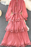 Autumn Women Lace Long Dress Vintage Round Neck Lantern Sleeve High Waist Cascading Ruffle Pleated Party Maxi
