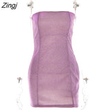 Glitter Bright Silk Shiny Women Dress Purple Sexy Strapless Evening Mini Dress Femme Skinny Party Clubwear Vestidos