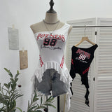 Shooting Retro Jersey Vest Letter Print Oblique Shoulder Hottie Wearing Lotus Edge Ribbon Ribbon Short Top