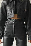Fashion Crop Autumn Winter Coat for Women PU Leather Jacket Zip Up Pockets Moto&Biker Style Racing Jackets