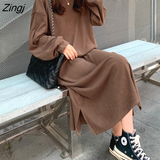 Sleeve Dress Women Solid Loose All-match Students Mid-calf Korean Style Daily O-neck Trendy Ins Elegant Side-slit