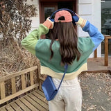 Zingj Splicing Short Head Sweater Female Spring And Autumn Korean Soft Waxy Show Thin Age Reduction Sweet Sweater Long Sleeve Jacket-Outfit