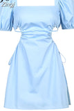 Korean Fashion Square Neck Summer Dress Women 2023 Backless Lace Up Solid Sexy Dress Mini Puff Sleeve Kawaii