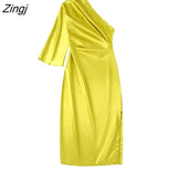 Women Sexy Single Shoulder Solid Asymetrical Midi Dress Female Chic Side Pleats Slim Zipper Split Party Vestidos