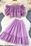 Women Hollow Out Lace Two Piece Set Orange/Purple/White Slash Neck Puff Sleeve Tops + High Waist Ruffle Skirt Beach