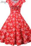 Print Vintage Christmas Dress Women Winter Big Swing Elegant Short Sleeve V Neck Sexy New Year Party