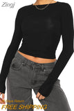 Women Spring Fall Casual Slim Fit Basic Crop Tops Solid Color Long Sleeve Crew Neck Pullover Tight Tee Shirts