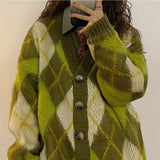 Zingj 2023 New Autumn Winter Loose Green Diamond Sweater Cardigan Coat Thick Lazy Sweater