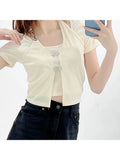 Sweet Cute Crop Top Pullovers Summer Short Sleeve Vintage Streetwear T Shirt Women Skin Button Prepply Korean E-girl