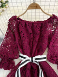 Autumn Vintage Women Hollow Out Lace Party Dress Sexy Slash Neck Off Shoulder Lantern Sleeve High Waist Vestidos 2023