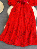 Summer Vintage Women V-Neck Puff Sleeve Hollow Out Lace Long Dress Elegant V-Neck High Waist A-Line Maxi Party