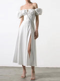 Off Shoulder Dress Women Puff Short Sleeve White Dresses Female Cut out Tie up Side Split Ruched Elegant Long
