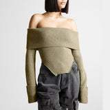 Zingj 2024 New Fashion Temperament One Word Shoulder Slim Slim Long-Sleeved Sweater Women's Solid Color Back