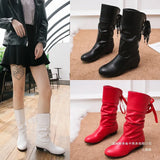 Autumn And Winter Large-Size Knight Boots Low And Round Head After The Tie With Warm Mid-Sleet Boots