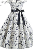 Women Summer Music Note Print Dress 50s 60s Robe Retro Swing Casual Vintage Sleeveless Party Dresses
