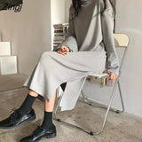 Sleeve Dress Women Solid Turtlenek Side Slit Midi Elegant All-match Korean Style Simple Winter Fashion Ins Stylish
