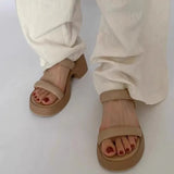 Real Soft Leather Elegant 2025 Retro Thick Foot Increased A Word Drag Female Summer Fairy High Heel Outside Wearing Beach
