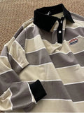 Retro Striped Long-sleeved POLO Shirt Top Men Women Loose Trend Couple BF Lapel Sweatshirt Preppy Hip Hop Cool