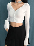 Ribbed Long Sleeve Button Crop Top- Outfit