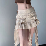Zingj Style Design Sense Ribbon Bow Pocket Skirt Female Low Waist Solid Color Bow Pleated