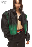Spring Autumn Short Cool Oversized Gradient Pu Leather Jacket Women Pockets Luxury Designer Clothes Runway Fashion