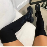 Zingj / Winter Thick Bottom Round Leather Knit Knee Boots Women's Plus Size Elastic Fly Wool Leather Boots-Outfit
